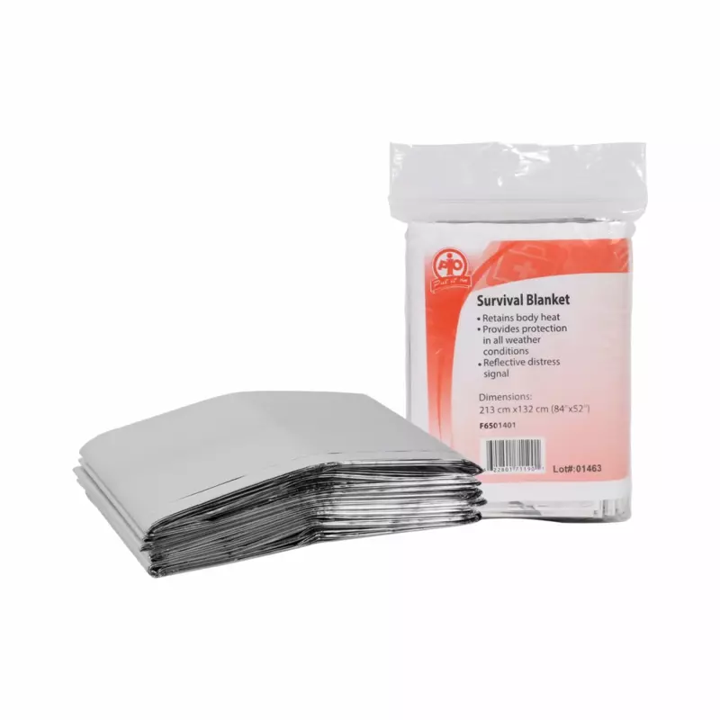 Couverture de secours, en aluminium, minimum 132 cm x 213 cm (52 po x 84 po) Couverture de secours, en aluminium, minimum 132 cm x 213 cm (52 po x 84 po)